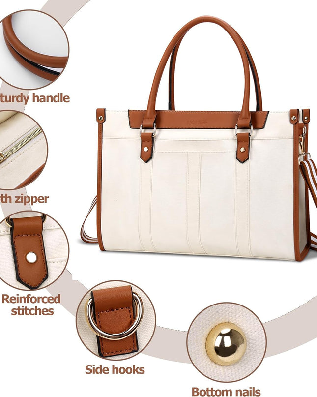 HOMIEE Tote Bag for Women, Canvas Laptop Bag Fits 15.6 Inch Work Tote, Shoulder Bag Casual Computer Bag for Conference, Formal, Office, College, Christmas New Year Gifts, Beige