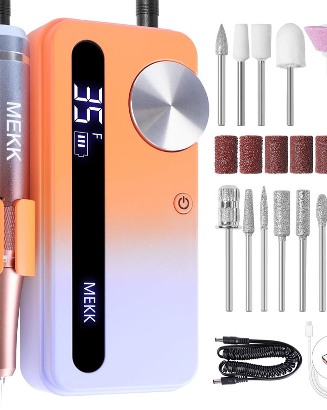 MEKK Nail Drill Kit,35000RPM Electric Nail Drill Professional Electric Nail File with 12PCS Bits,Anti-Shaking Cordless E Filer for Nails,Home & Salon(Orange Blue)