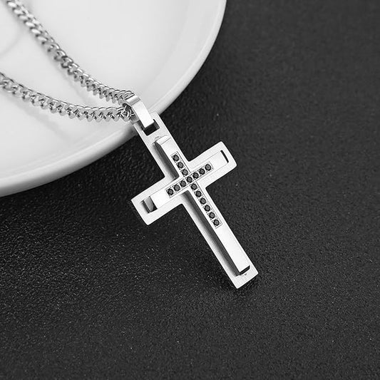 HZMAN Cross Necklace for Men Stainless Steel Polished Double Layer Crucifix Necklace with 24Inch Cuban Chain