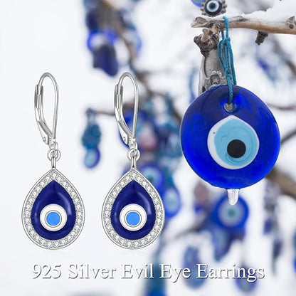 YAFEINI Evil Eye Earrings Sterling Silver Leverback Evil Eye Dangle Drop Earrings Turkish Protection Jewelry for Women Girls