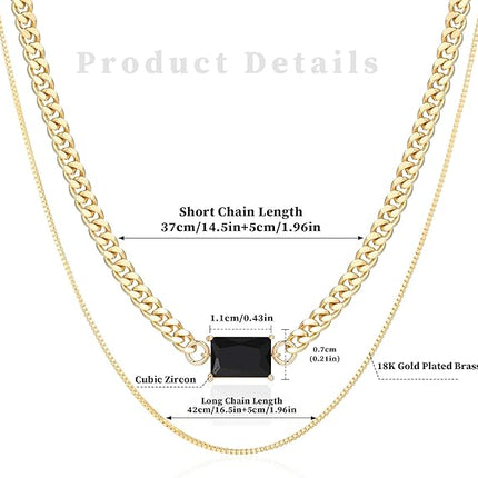 Gold Layered Necklaces for Women, 18K Gold Plated Double Chain Square Pendant Necklace Brass Dainty Jewelry Gifts