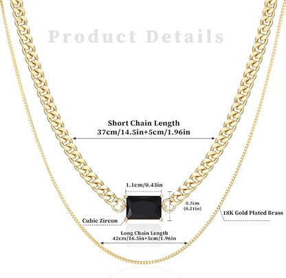 Gold Layered Necklaces for Women, 18K Gold Plated Double Chain Square Pendant Necklace Brass Dainty Jewelry Gifts