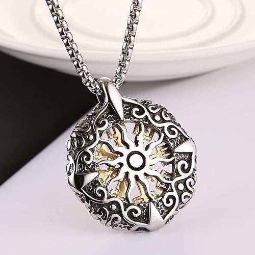 HZMAN Viking Vegvisir Norse Compass Stainless Steel Necklace Double-Sided Hollow Engraving Sun Totem Pendant Norse Amulet Jewelry