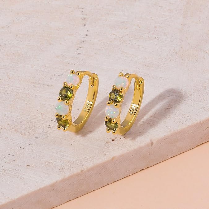 CiNily Small Gold Huggie Hoop Earrings for Women, 14K Gold Plated Sterling Silver Post Mini Cartilage Earrings Hypoallergenic Opal Hoops Lightweight Peridot Cubic Zirconia Gold Hoops Earrings 13mm