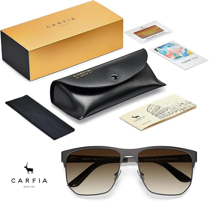 CARFIA Square Driving Polarized Sunglasses for Men Wide Metal Frame Spring Hinge Eyewear CA5227