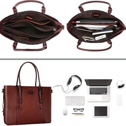 MOSISO PU Leather Laptop Tote Bag for Women (17-17.3 inch), Waterproof Large Capacity Business Work Briefcase Shoulder Laptop Bag, Brown