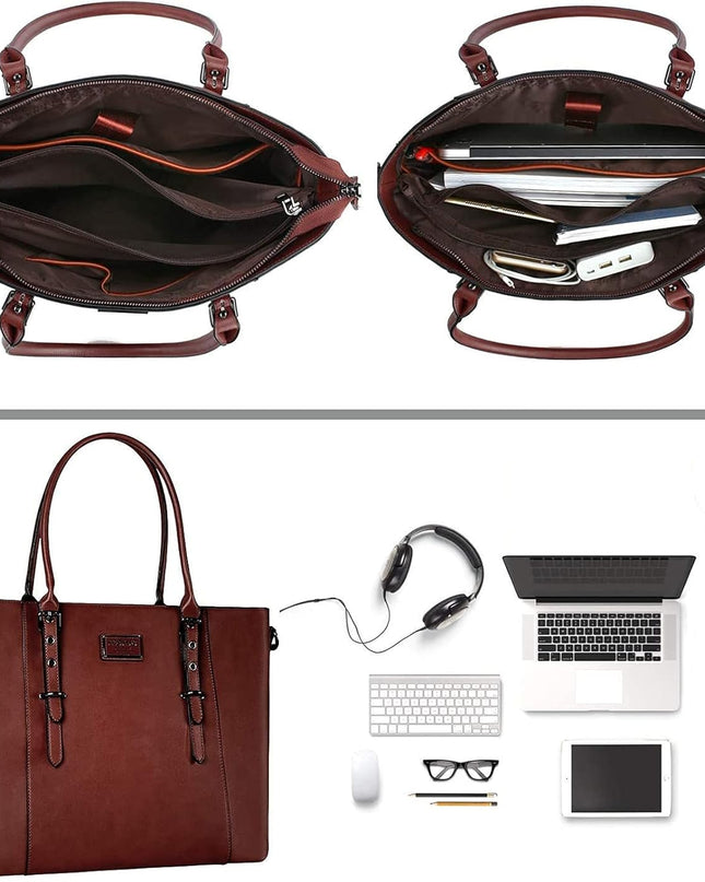 MOSISO PU Leather Laptop Tote Bag for Women (17-17.3 inch), Waterproof Large Capacity Business Work Briefcase Shoulder Laptop Bag, Brown