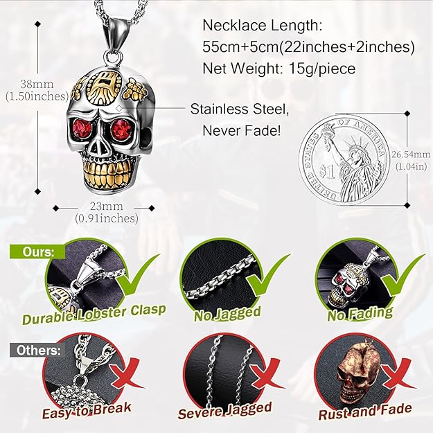 Gothic Skull Bullet Necklace for Men and Women Stainless Steel, Skull Cross Pendant Necklace Punk Statement Hip-hop Vintage Jewelry Come