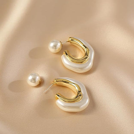 HETICA Chunky Gold Hoop Earrings, 14k Gold Plated Pearl Hoop Earrings for Women, Pearl Drop Earrings, Pearl Statement Earrings, Chunky Hoop Earrings, Suitable Gifts for Women