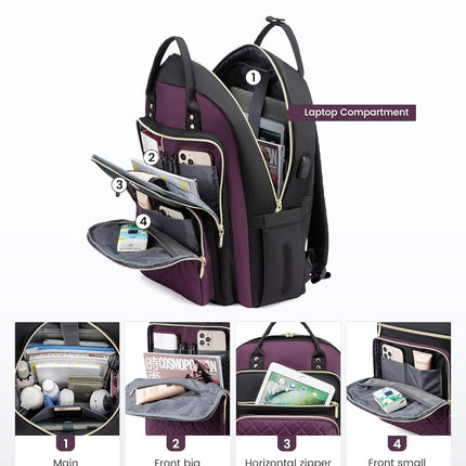 LOVEVOOK Laptop Backpack Purse for Women, 15.6" Laptop Bag for Travel with USB Port, Water Resistant Lightweight Daypacks for College Work Business, Nurse Teacher Computer Bags, Purple Black