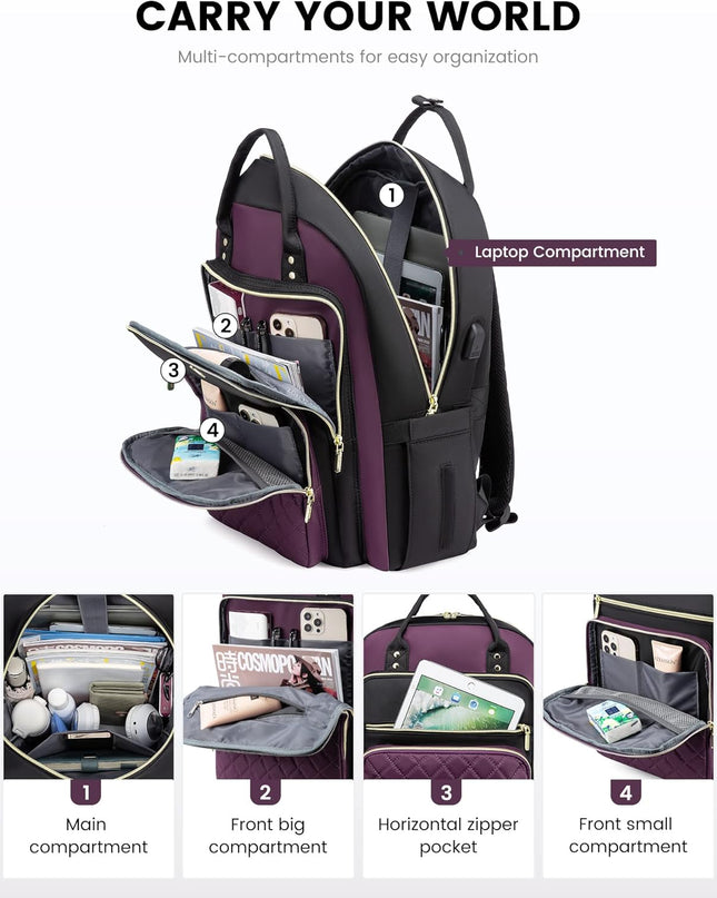 LOVEVOOK Laptop Backpack Purse for Women, 15.6" Laptop Bag for Travel with USB Port, Water Resistant Lightweight Daypacks for College Work Business, Nurse Teacher Computer Bags, Purple Black