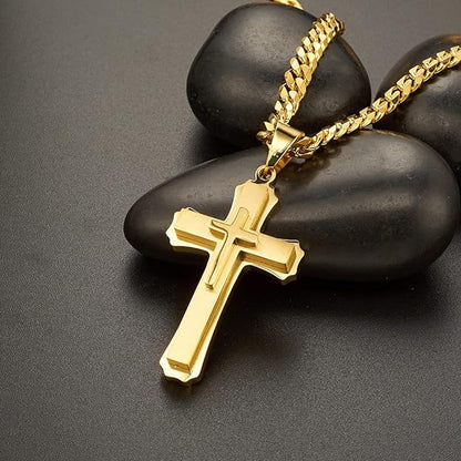 putouzip 18K Gold Iced Out Cross Pendant 316L Stainless Steel Cuban Link Chain Necklace For Men