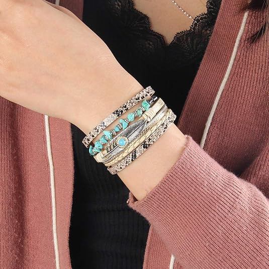 GelConnie Women's Leather Cuff Bracelet Feather Multi Strand Bracelet Wrap Bracelet Turquoise Boho