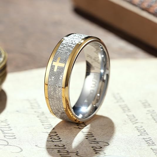 King Will Stainless Steel Men Ring 8mm Lord's Prayer Cross Ring Stainless Steel Men Wedding Ring, Gold/Silver/Black Wedding Band Bible Engraved Rings High Polished, Comfort Fit Size 7-14