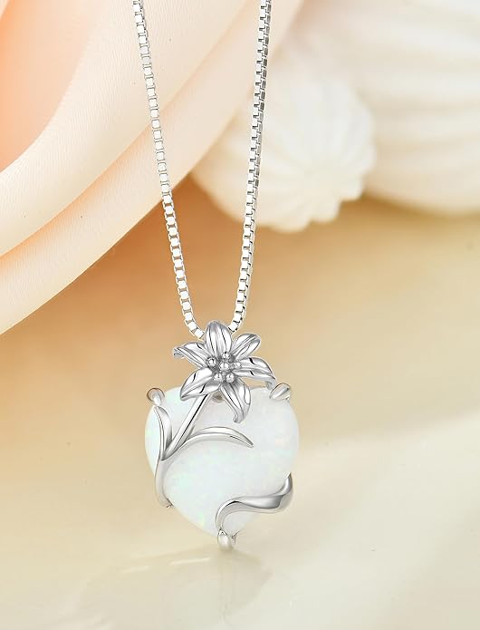 YL Heart Necklace for Women 925 Sterling Silver Lily Pendant Created Opal Flower Jewelry