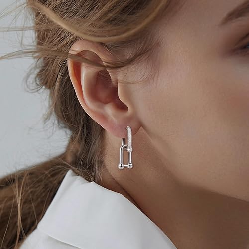 Sterling Silver CZ Ball U Shape Pin Hoop Earrings Paperclip Convertible Link Chain Necklace Thick Chunky Earrings Necklace Y2K Style Hypoallergenic Jewelry Gifts for Women Mom Birthday