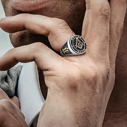 Titanium Steel Masonic Rings for Men - Master Mason Ring Freemason Ring Signet Jewelry Gift Gold Symbol Size 8-12
