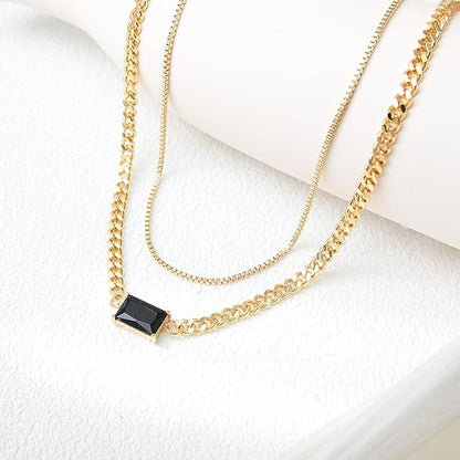 Gold Layered Necklaces for Women, 18K Gold Plated Double Chain Square Pendant Necklace Brass Dainty Jewelry Gifts