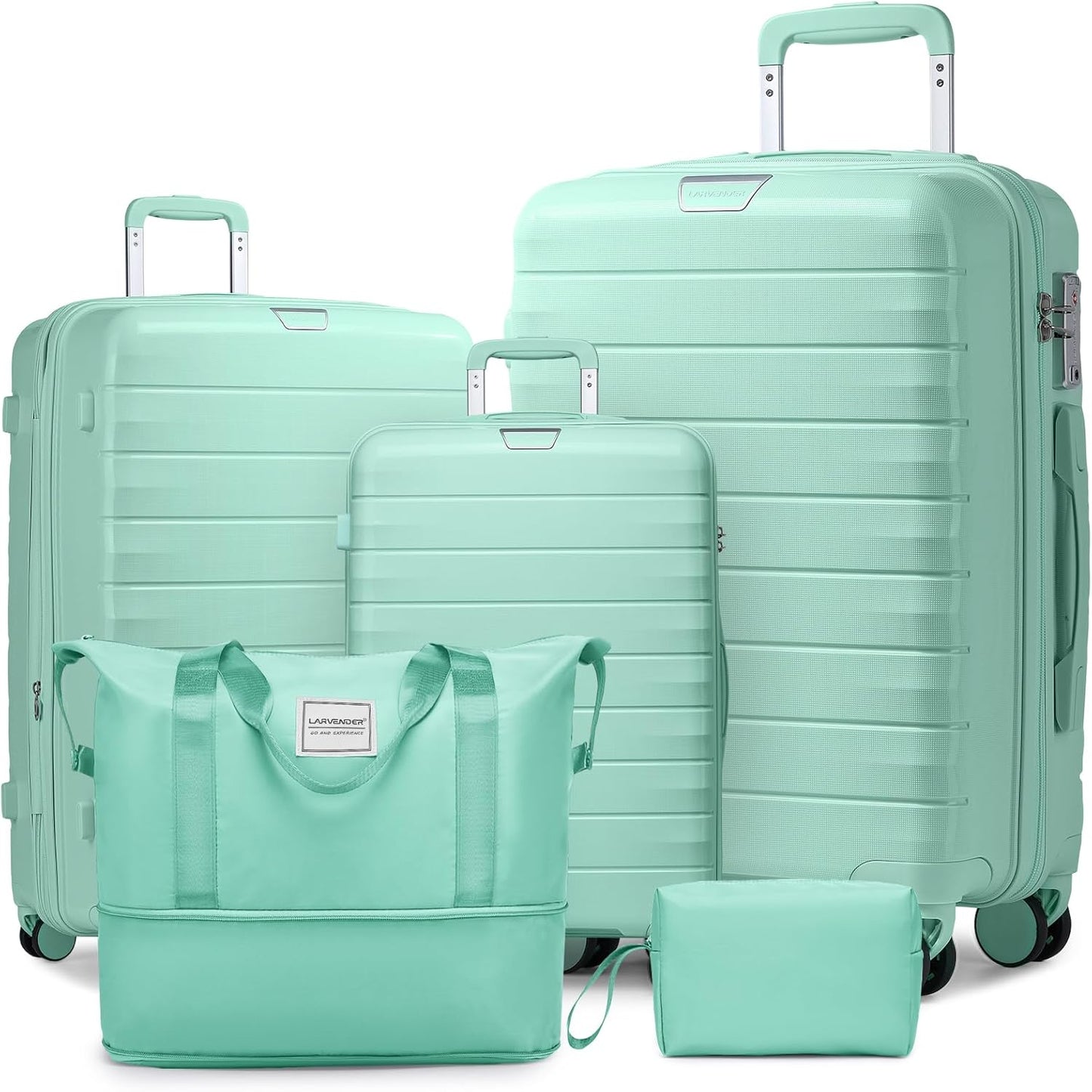 LARVENDER Luggage Sets 5 Piece with Duffel Bag Expandable(Only 28 inch) Hardside PP Carry On Luggage with 360° Spinner Wheels TSA Lock Luggage Sets for Women, Seafoam Green