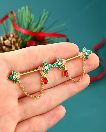 COCHARM 2pcs Gold Nipple Rings Dangling Nipple Piercings Chain Nipple Jewelry 14g Christmas Holly Tree Nipple Ring 14mm Nipple Bar Nipple Barbell for Women