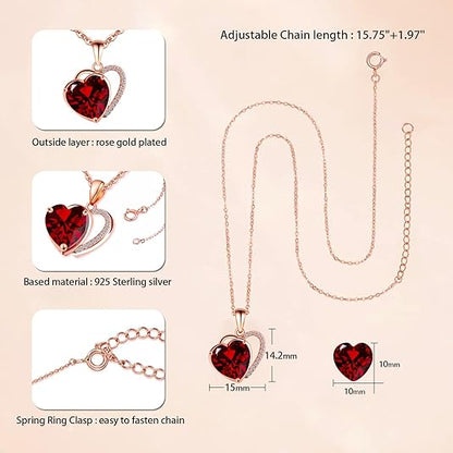 Heart Necklace for Women, Red Birthstone Pendant Necklace for Her,925 Sterling Silver Rose Gold Plated Necklace, Anniversary necklace for Women/Wives/Mothers