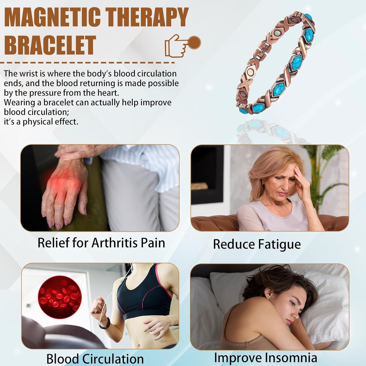 Copper Magnetic Bracelet for Women, Turquoise Detox Jewelry with 3500 Gauss Magnet (Type C)