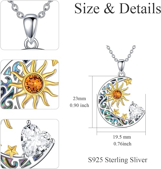 AOBOCO 925 Sterling Silver Sun and Moon Star Pendant Necklace with Simulated Birthstone, Birthday Christmas Jewelry Gift for Women Teen Girls