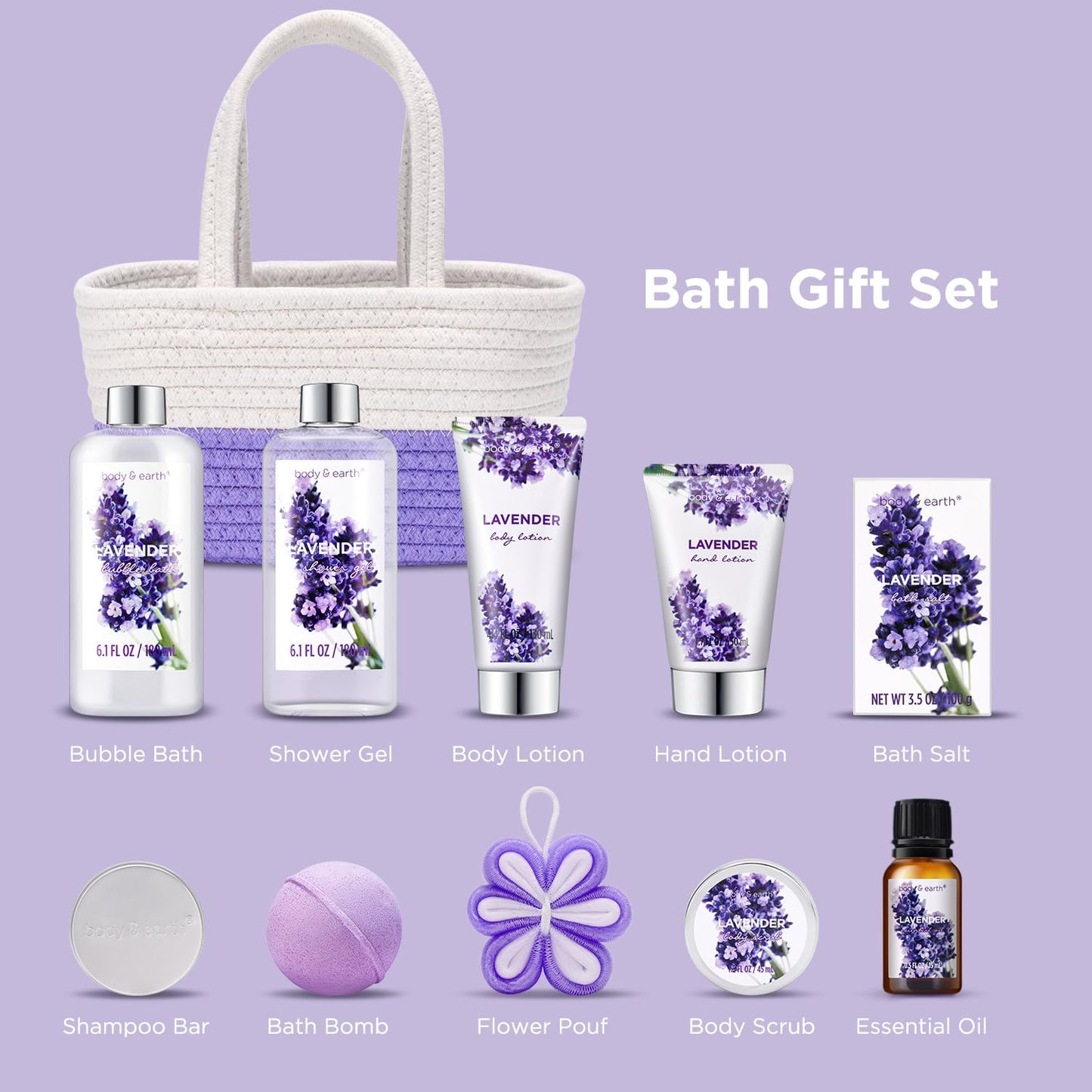 Spa Gift Baskets for Women - Body & Earth 11pcs Lavender Gift Sets with Bubble Bath, Shower Gel, Body Lotion, Birthday Gifts for Women, Spa Kit for Mom Gifts, Purple Gifts