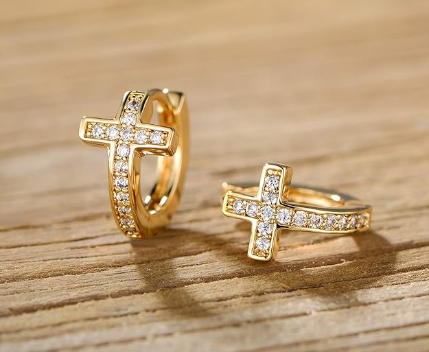 Barzel 18k Gold Plated Crystal Huggies Cross Earrings for Women