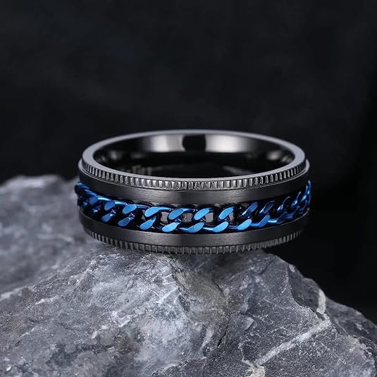 King Will 316L Stainless Steel Fidget Ring for Men-8mm Width with Stylish Chain Inlay Spinner Ring Stress Relief, Durable Wedding Band Comfort Fit Size 6-10