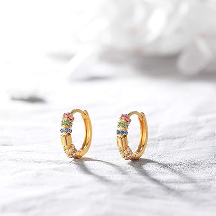Dremmy Studios Dainty CZ Huggie Hoop Earrings 14K Gold Plated Chunky Simple Cute Thick Round Frill Bead Ball Starburst Cuff Earrings Cubic Zirconia Hoop Earrings Minimalist Personalized Gift for Her
