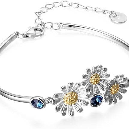Daisy Sunflower Bracelet 925 Sterling Silver Daisy Sunflower Bangle Bracelets Women Flower Jewelry