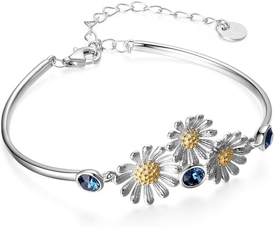 Daisy Sunflower Bracelet 925 Sterling Silver Daisy Sunflower Bangle Bracelets Women Flower Jewelry