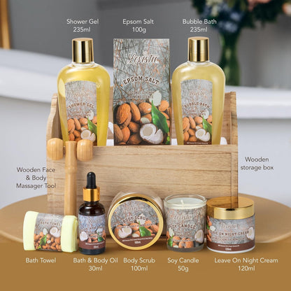 Christmas 10 Pc Spa Gift Set for Women - Gifts for Her Spa Kit Bubble Bath Spa Gift Basket for Women with Epsom Salt, Bath & Body Oil, Body Scrub, Candle, Wood Massage Tool - Bath Set Spa Basket