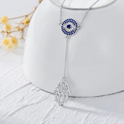 Evil Eye Necklace 925 Sterling Silver Hamsa hand Y Lariat Protection Amulet Evil Eye Jewelry Birthday Gift for Women