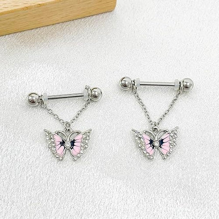 Niaspi 14G Pink Butterfly Dangle Nipple Rings for Women Girls Surgical Steel Cubic Zircon Chains Dangling Nipplerings Nipple Studs Piercing Barbell Body Piercing Jewelry