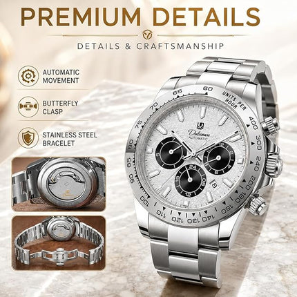 MASTOP Pagani Design Automatic Mechanical Watch for Men, Stainless Steel Wristwatch with Calendar&24H&Week&Mouth, Mineral Glass, Waterproof Business Dress Watch