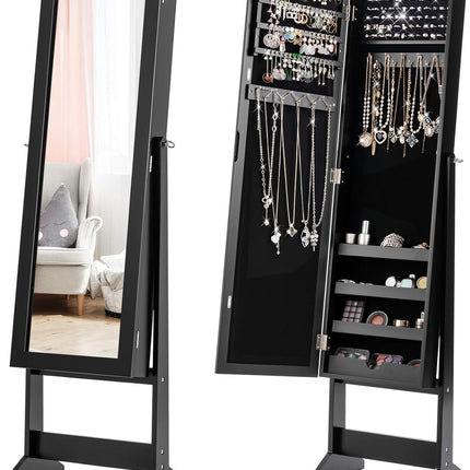 Giantex Jewelry Cabinet with Full-Length Mirror, Standing Jewelry Armoire Organizer with 64 Earring Slots, 72 Ring Slots, 20 Necklace Hooks, 4 Storage Shelves, 3 Angle Adjustable (Black)