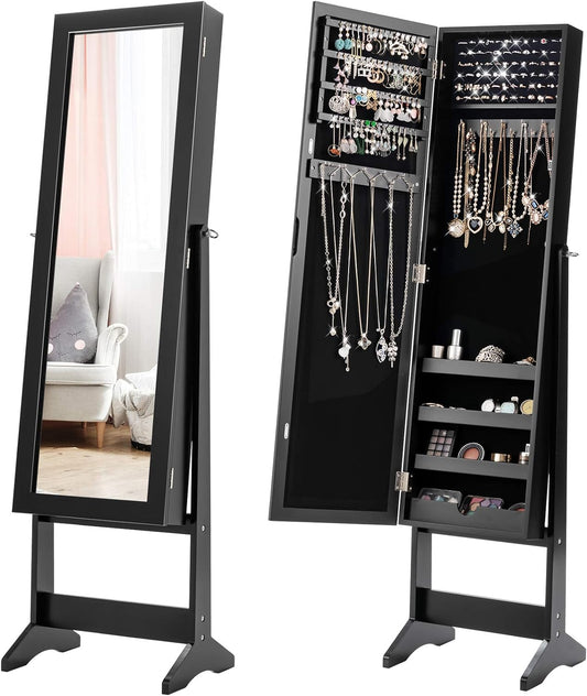 Giantex Jewelry Cabinet with Full-Length Mirror, Standing Jewelry Armoire Organizer with 64 Earring Slots, 72 Ring Slots, 20 Necklace Hooks, 4 Storage Shelves, 3 Angle Adjustable (Black)