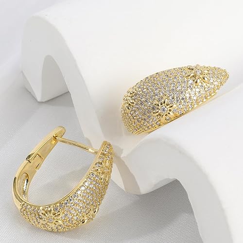 Gold Daisy Flower Chunky Hoop Earrings for Women 14k Gold Plated Thick Cubic Zirconia Crystal Flower Huggie Hoop Earrings Trendy Wide Flower Hoop Earrings Lightweight Bloom Jewelry Gift for Girls