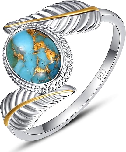 Turquoise Feather Ring 925 Sterling Silver Statement Ring Leaf Stacking Feather Ring Vintage Turquoise Ring for Women Teal Turquoise Jewelry Gifts Size 9