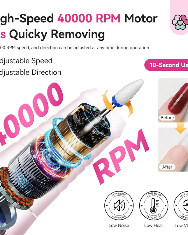 SAVILAND Professional Nail Drill 40000 RPM: Portable Diamond Nail Drill Kit Rechargeable 4000 mAh Electric Nail File for Thick Acrylic Nails with Ceramic Nail D rill Bits Sanding Bands Nail Tech Salon