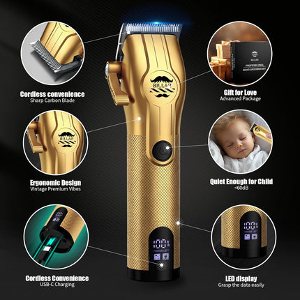 BILLAR® Professional Barber Clippers and Trimmer Set - Foil Shaver Professional Hair Clippers for Men, Mens Cordless Hair Clipper for Barbers Haircut Kit（Golden）