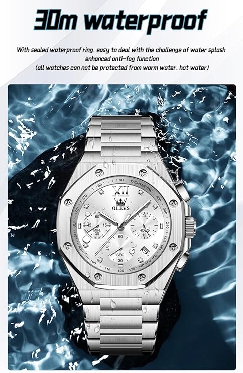 OLEVS Watches for Men Stainless Steel Business Dress Large Easy to Read Analog Watch Waterproof Luminous Casual Luxury Men Watch