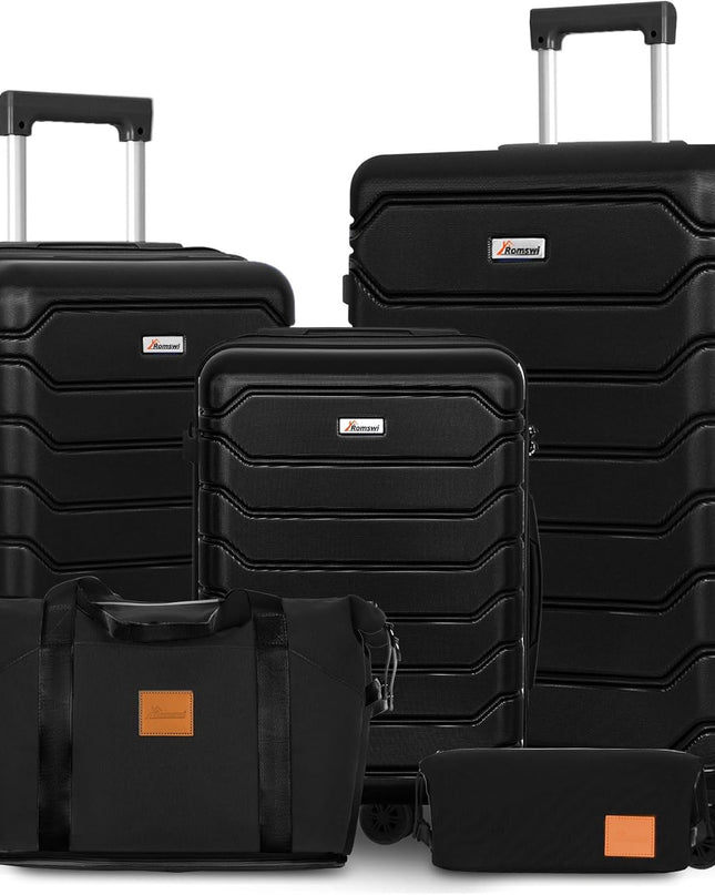 Romswi 5PCS Luggage Sets,Lightweight PC+ABS Hardshell Luggage with Spinner Wheels TSA Lock, Durable Suitcase Sets with Duffel Bag Travel Bag Black (20/24/28inch)