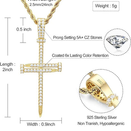 925 Sterling Silver Nail Cross Pendant Necklace Chain for Men Women Iced Out 14K Gold White Gold Plated Christian Jewelry with Gift Box