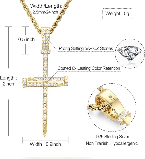 925 Sterling Silver Nail Cross Pendant Necklace Chain for Men Women Iced Out 14K Gold White Gold Plated Christian Jewelry with Gift Box