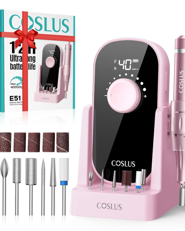 COSLUS Professional Rechargeable Electric Nail Drill 40000 RPM, Portable Nail File with Storage Stand for Acrylic Gel Polishing Removing - Easy to Use for Women, Manicure at Home DIY or Salon, Pink
