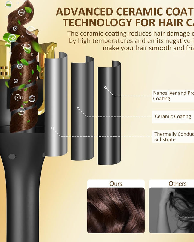 Automatic Curling Iron, Hair Curler 1" Large Slot, 4 Temperature Settings, 12s-19s Timers, Dual Voltage, Anti-Scald, Anti-Tangle, Auto Shut-Off, LCD Display, Fast Heating Easy for Use, Black