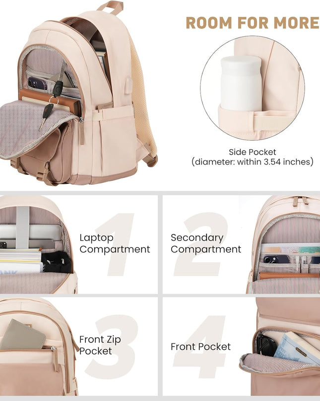 School Backpack for Teen Girls, Cute College Backpacks for Women Students Aesthetic Bookbag Large 15.6 Inch Laptop Bag Middle School Travel Back Pack (Khaki Beige)